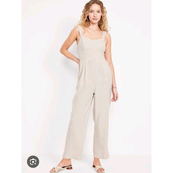 Old Navy Plus Size 2X Fit & Flare Natural Color Cami Jumpsuit Linen Blend - Picture 2 of 9